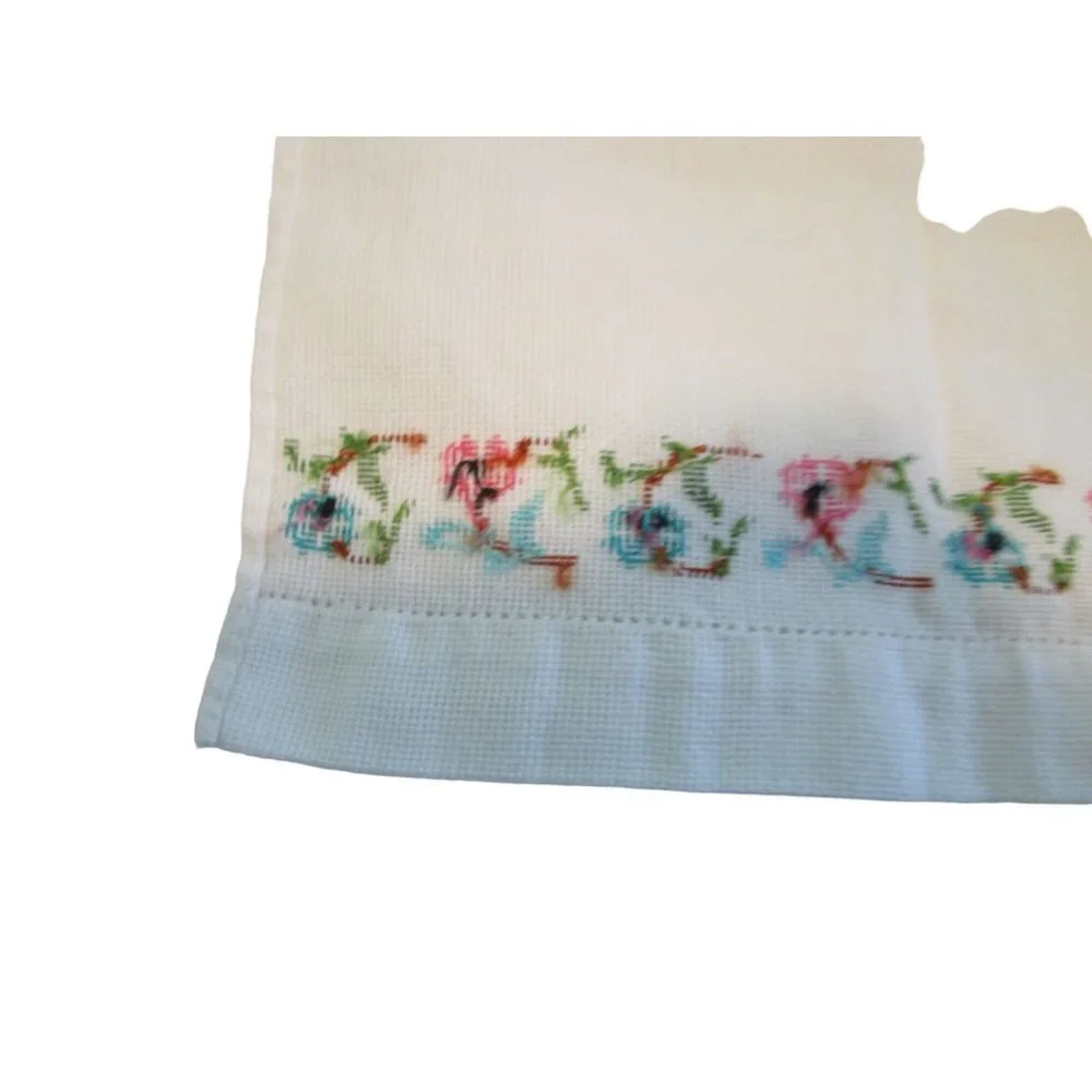 Vintage Hand Embroidered Guest Tea Hand Towels Pink Blue Floral Minor Age Stains